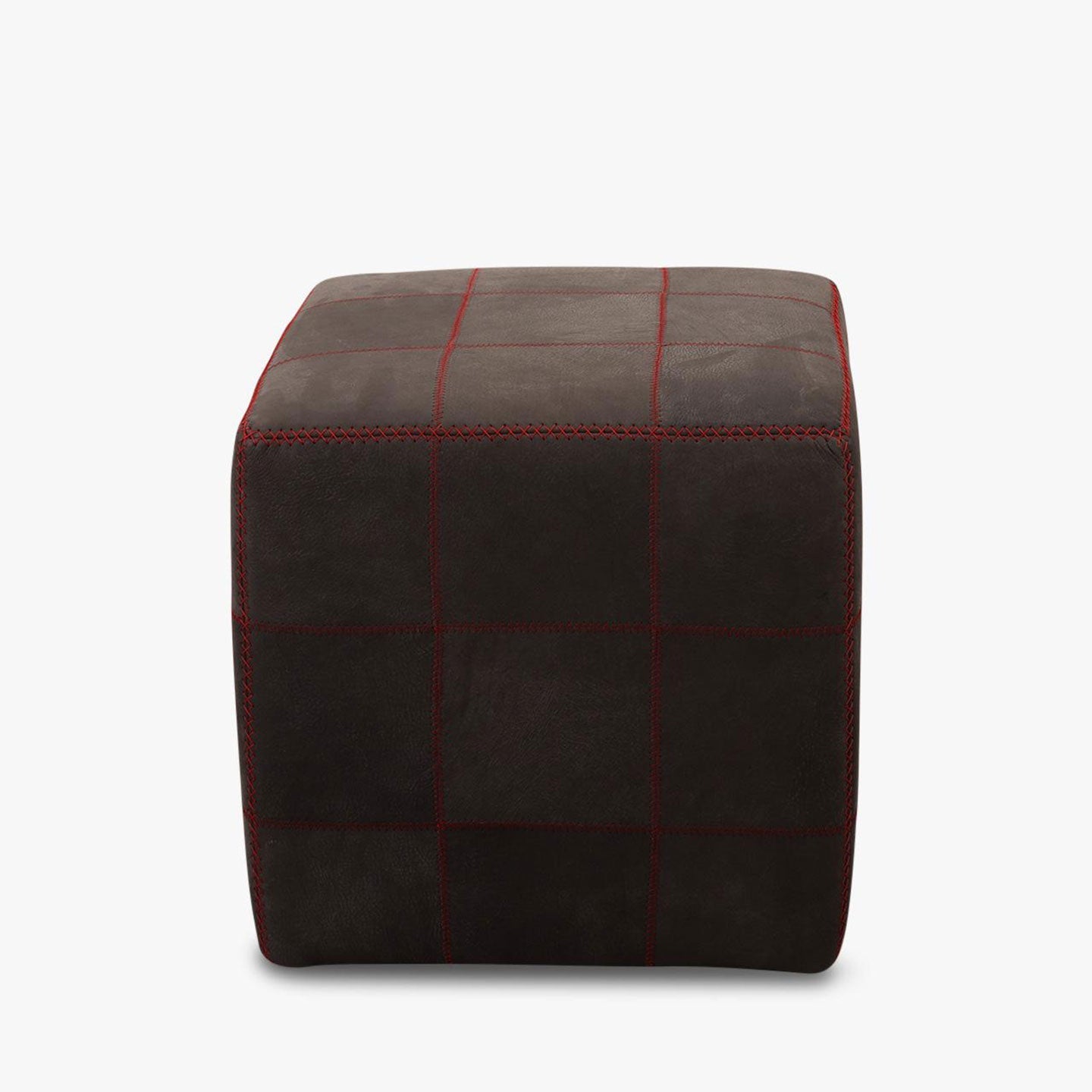Hocker ZIG ZAG in Büffelleder dunkelbraun mit roter Kontrastnaht - Hocker