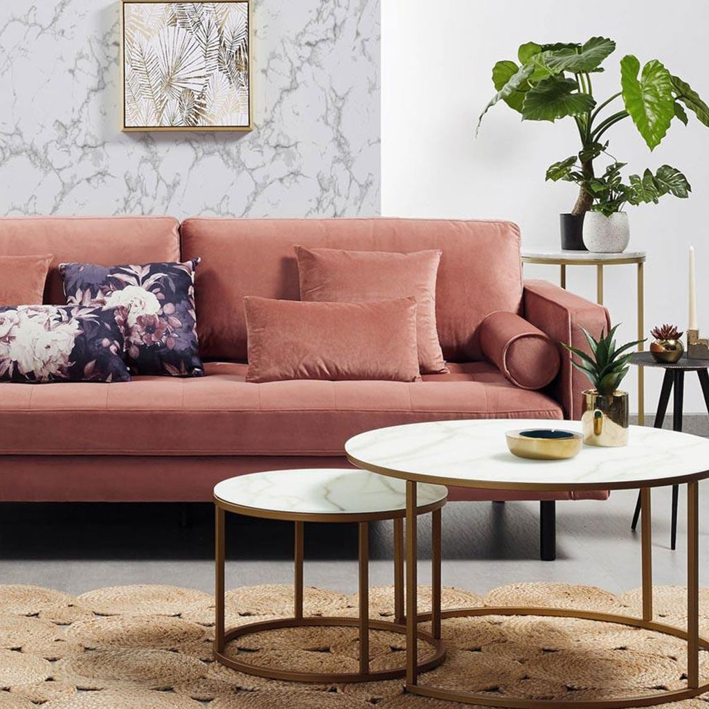 Leonor Set 2 Beistelltische aus weißem Glas und Stahl mit goldenem Finish Ø 80 cm und Ø 50 cm - Couchtisch