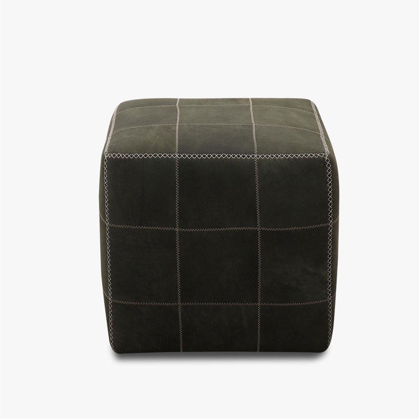 Hocker ZIG ZAG in Büffelleder olive mit weißer Kontrastnaht - Hocker