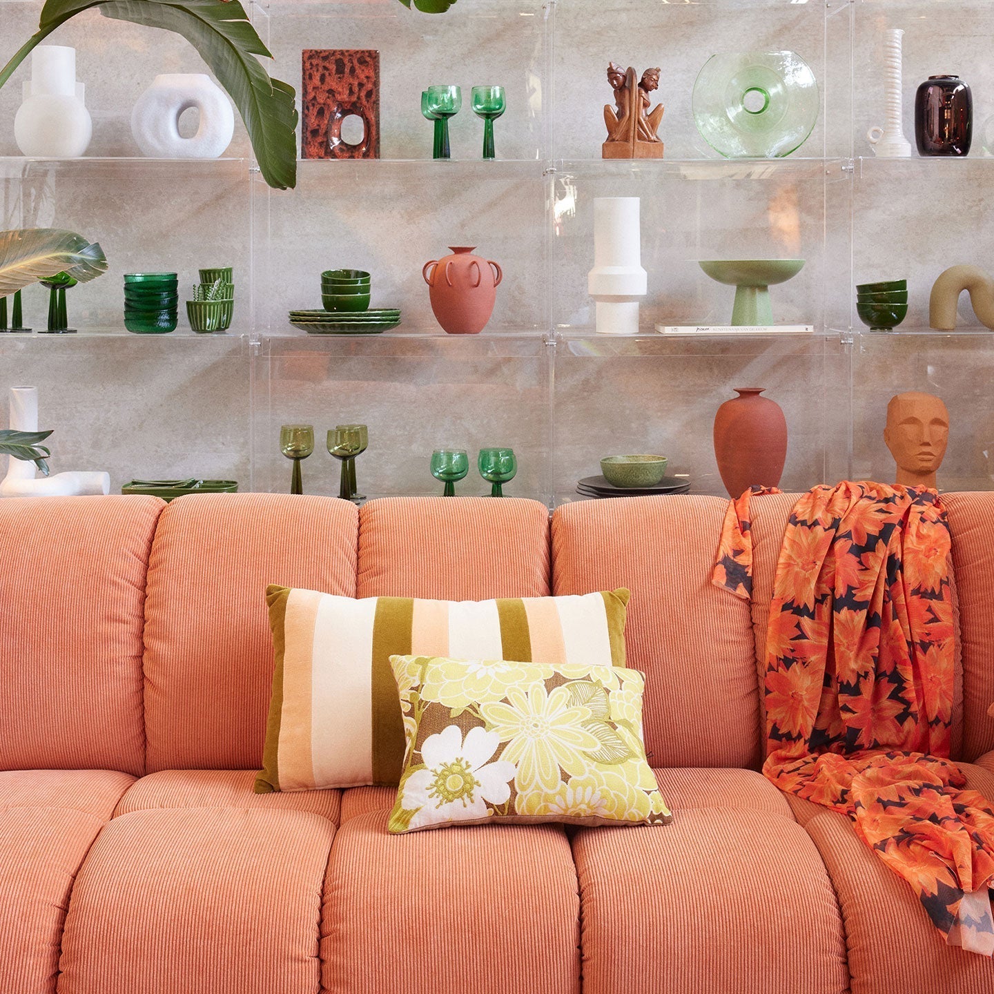 Kissen 60x35cm aus Baumwolle in grün/creme/rosa - Vasen