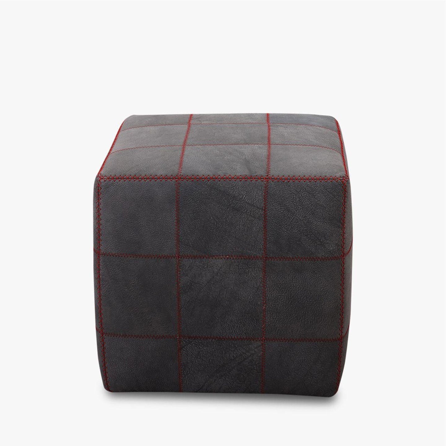Hocker ZIG ZAG in Büffelleder anthrazit mit roter Kontrastnaht - Hocker