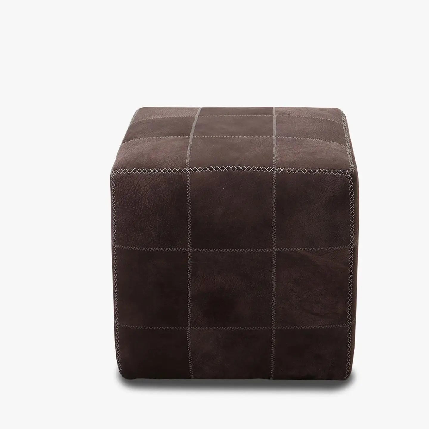 Hocker ZIG ZAG in Büffelleder dunkelbraun mit weißer Kontrastnaht - Hocker