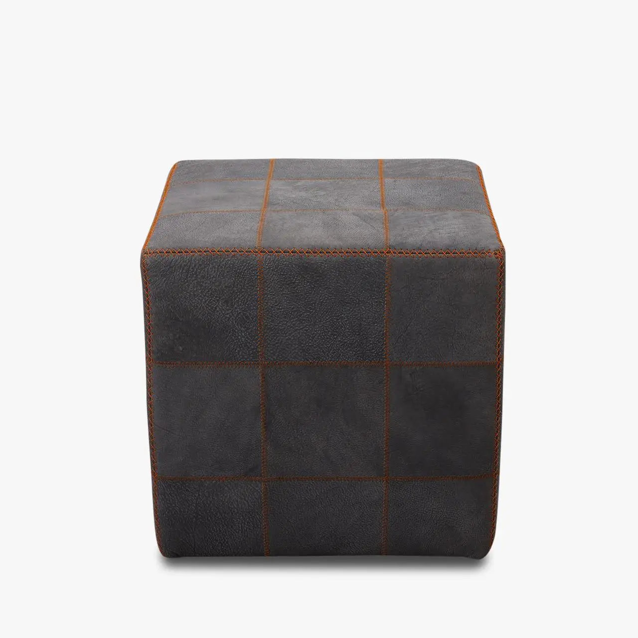Hocker ZIG ZAG in Büffelleder dunkelgrau mit oranger Kontrastnaht - Hocker