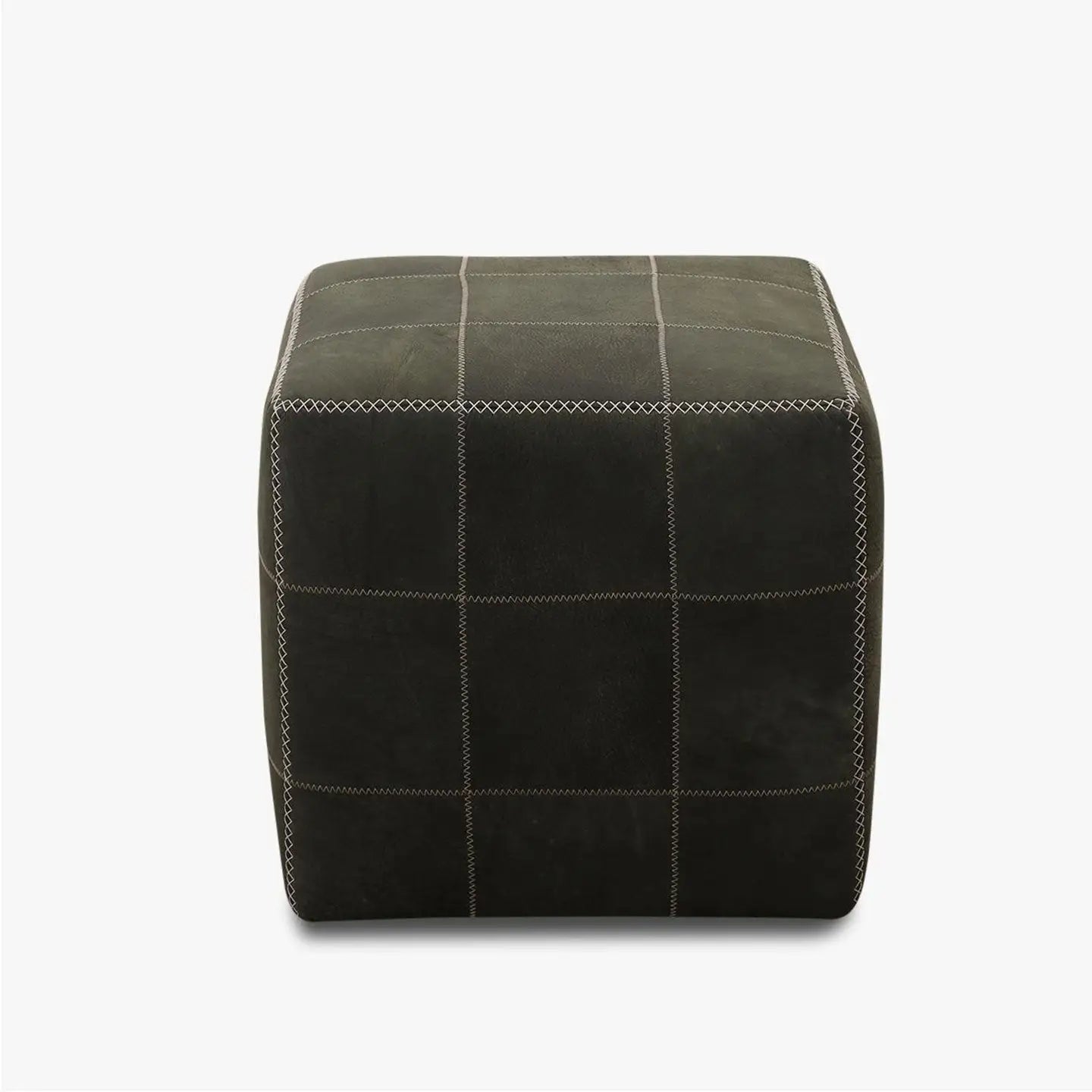 Hocker ZIG ZAG in Büffelleder olive mit weißer Kontrastnaht - Hocker