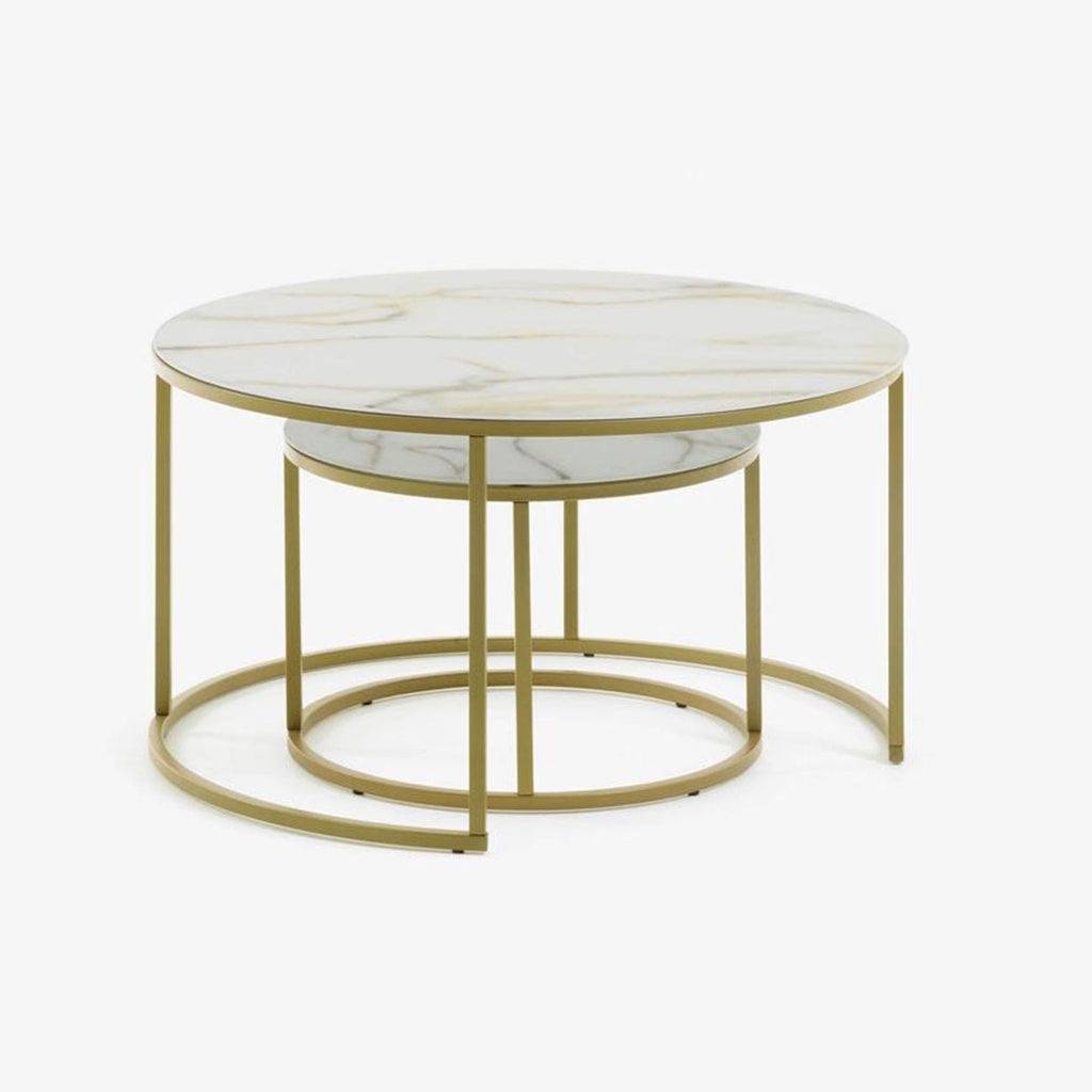 Leonor Set 2 Beistelltische aus weißem Glas und Stahl mit goldenem Finish Ø 80 cm und Ø 50 cm - Couchtisch