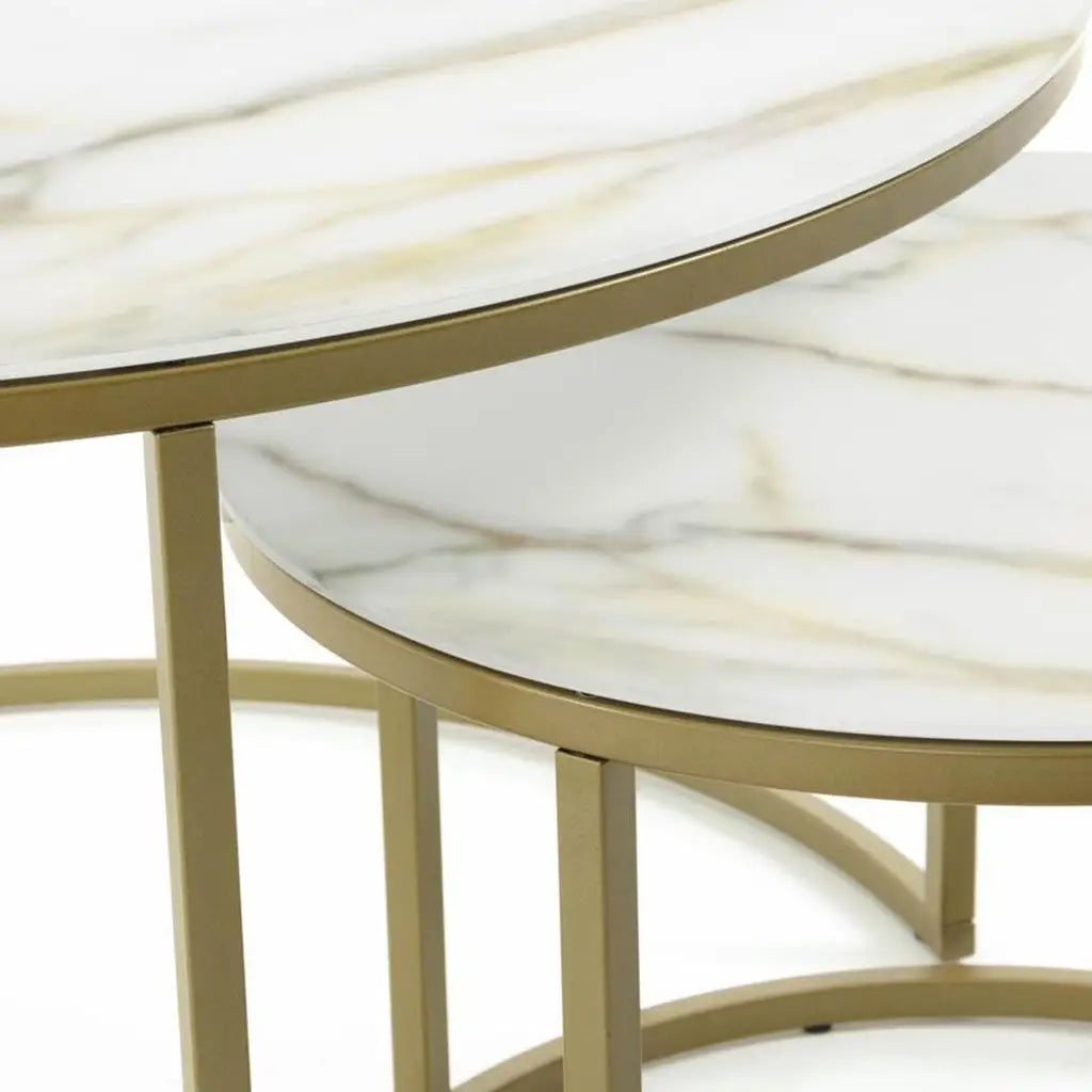 Leonor Set 2 Beistelltische aus weißem Glas und Stahl mit goldenem Finish Ø 80 cm und Ø 50 cm - Couchtisch