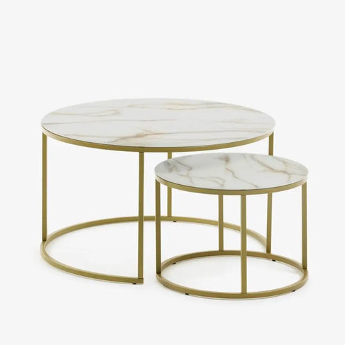 Bild 1 in Galerieansicht laden. Leonor Set 2 Beistelltische aus weißem Glas und Stahl mit goldenem Finish Ø 80 cm und Ø 50 cm - Couchtisch