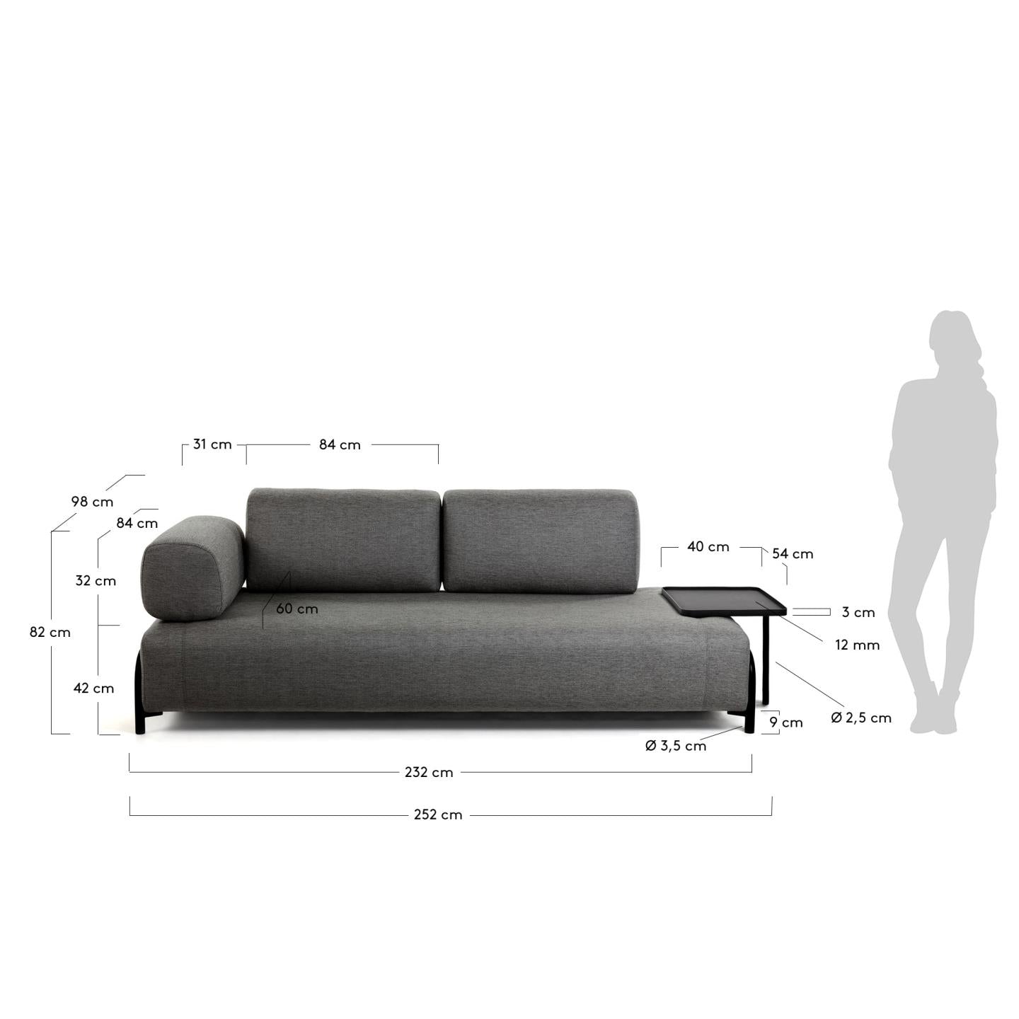 Sofa COMPO in Stoff dunkelgrau mit Tablett - Sitzdesign