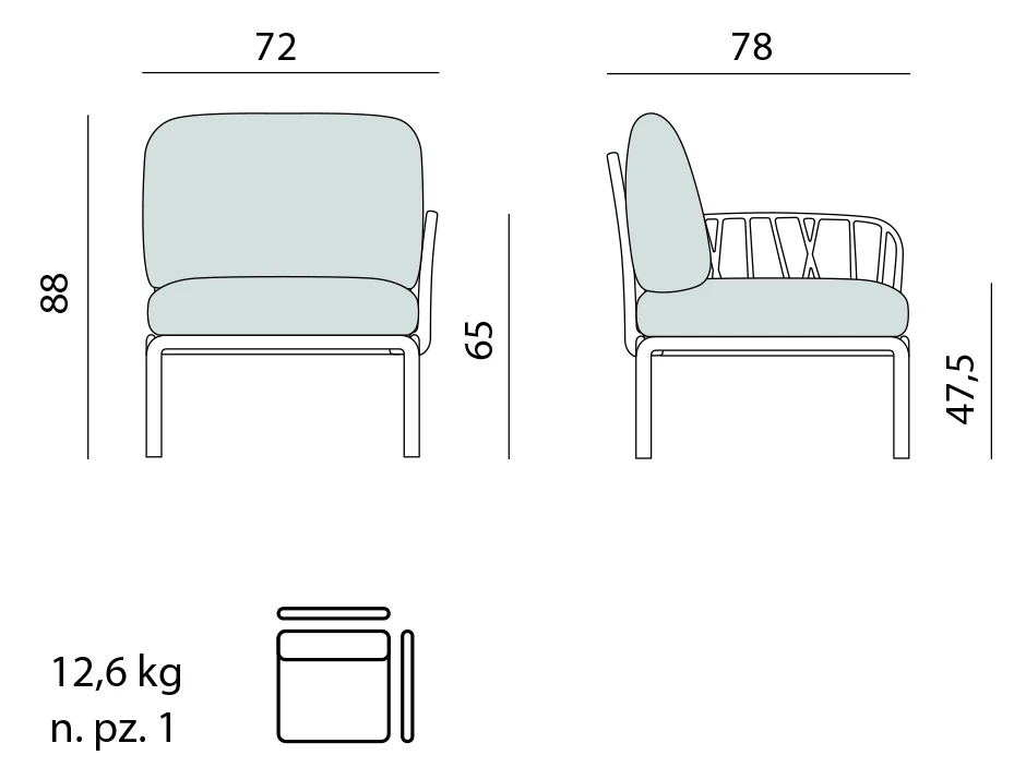 Komodo Elemento Terminale DX/SX Sofa – Maßzeichnung