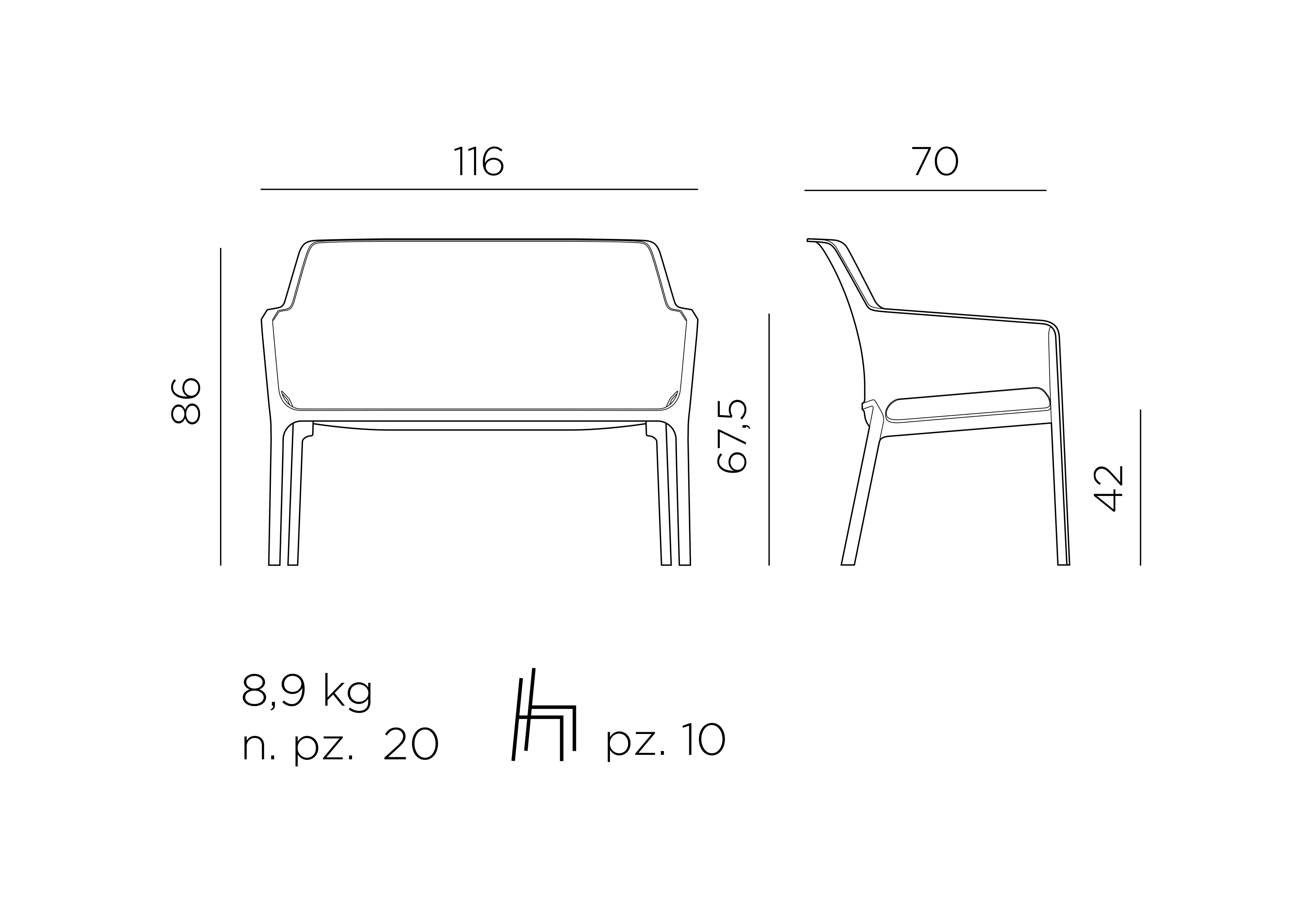 Nardi Net Bench Sofa – Outdoor-Gartenbank – Maßzeichnung