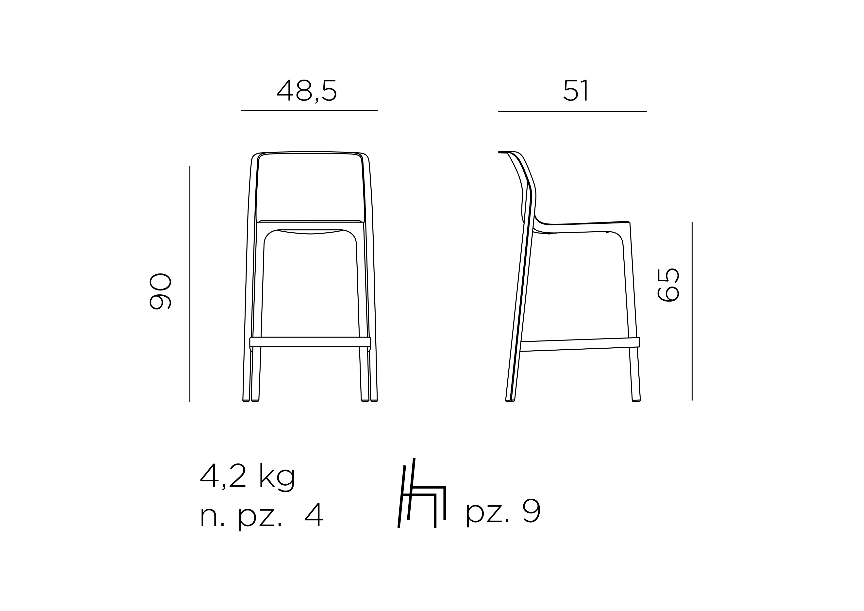 Nardi Net Stool Mini – Outdoor-Barstuhl – Maßzeichnung