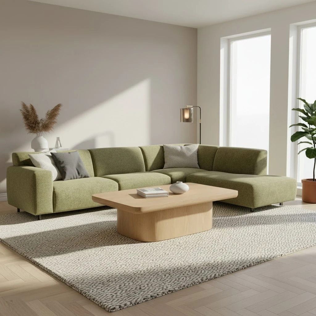 Couchtisch Mantis in Natural Oak auf ovalem Standfuß – Wohnsituation mit grünem Ecksofa