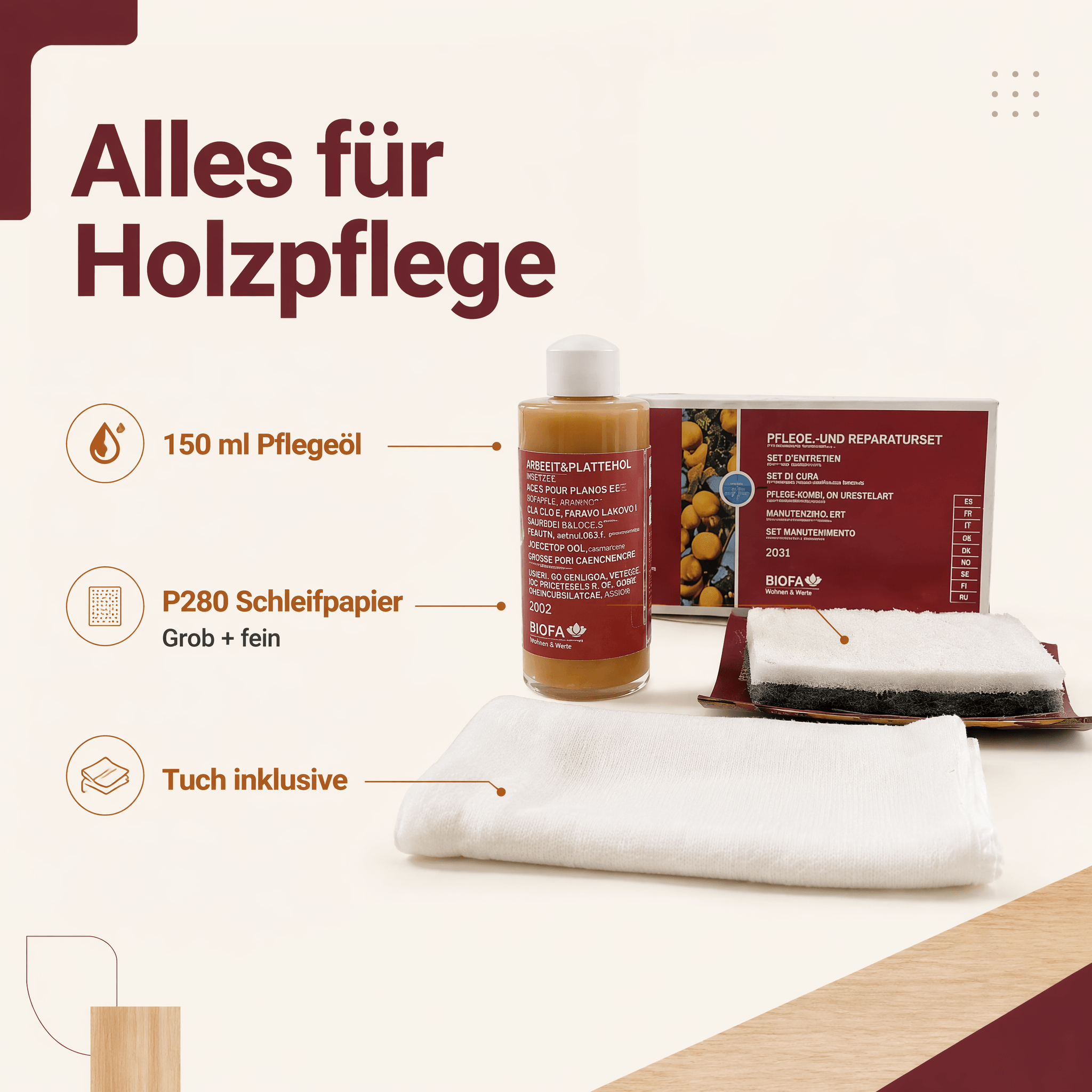 Biofa Pflege- und Reparatur-Set für naturgeölte Massivholz-Oberflächen – Ansicht 6