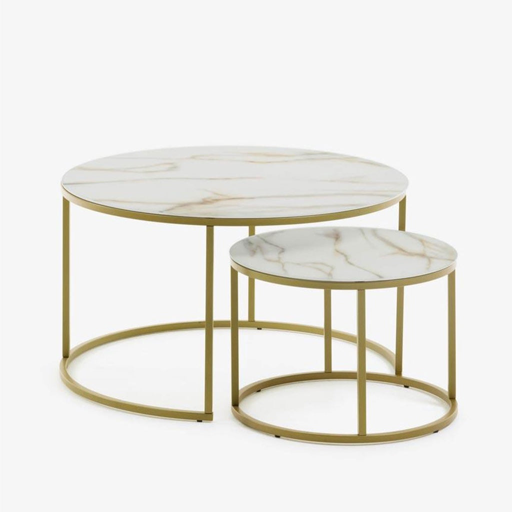 Leonor Set 2 Beistelltische aus weißem Glas und Stahl mit goldenem Finish Ø 80 cm und Ø 50 cm – Ansicht 2